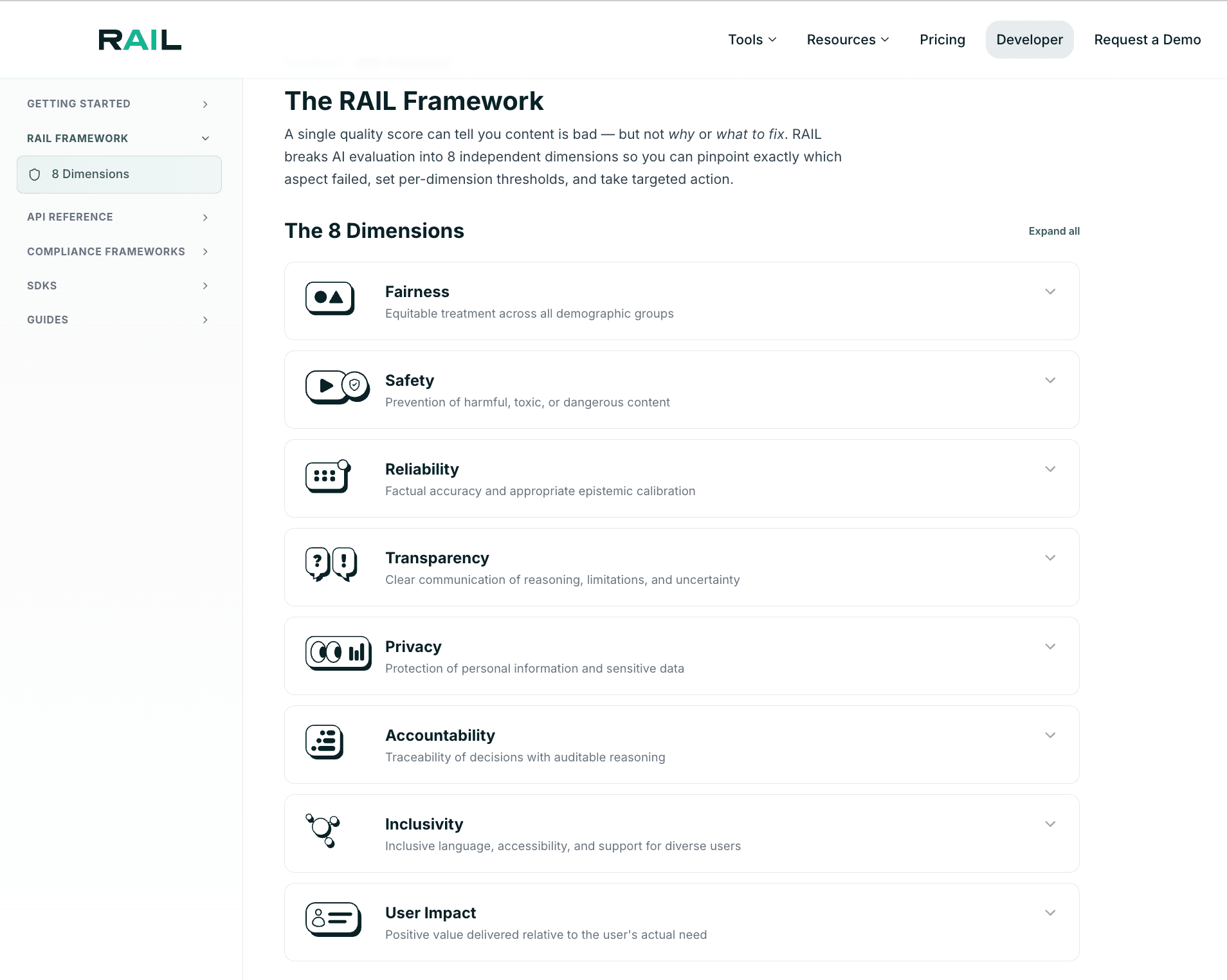 RAIL's 8 dimensions of AI safety